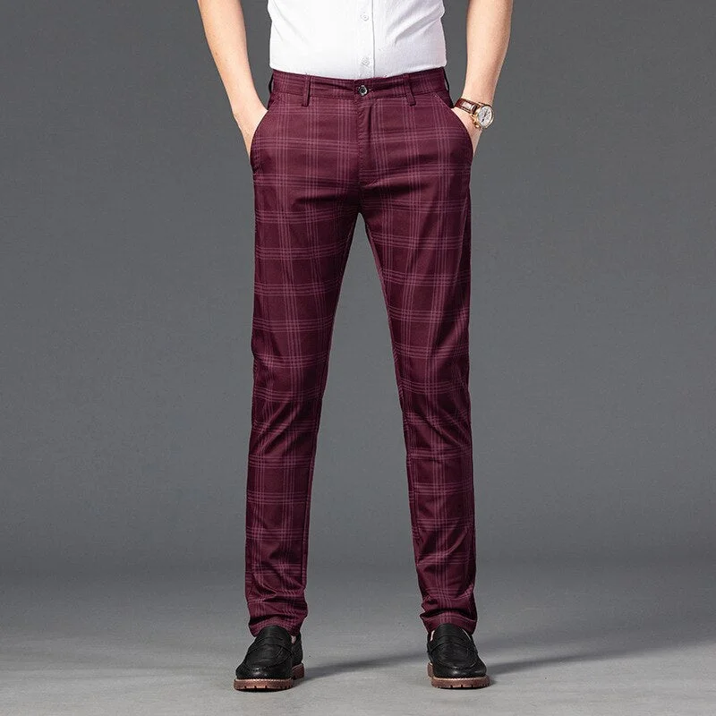 Men's pants with open fabric-Men's Polyester Zipper Fly Closure Plaid Pattern Formal Pants