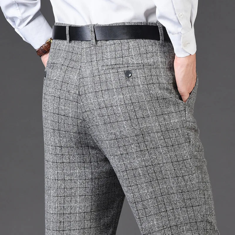 Men's pants high-end label-Men's Rayon High Waist Zipper Fly Closure Plaid Formal Pants