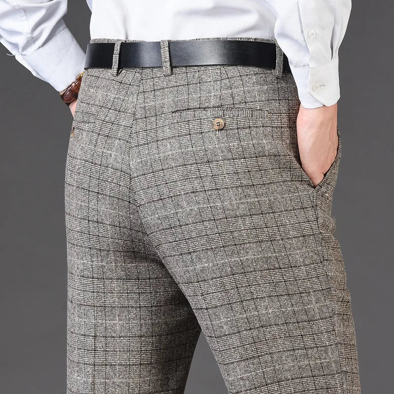 Men's pants for quick wear-Men's Rayon High Waist Zipper Fly Closure Plaid Formal Pants