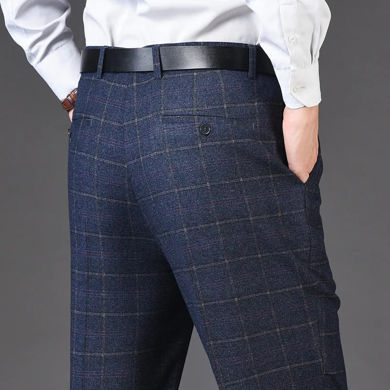 Men's pants for city nights-Men's Rayon High Waist Zipper Fly Closure Plaid Formal Pants