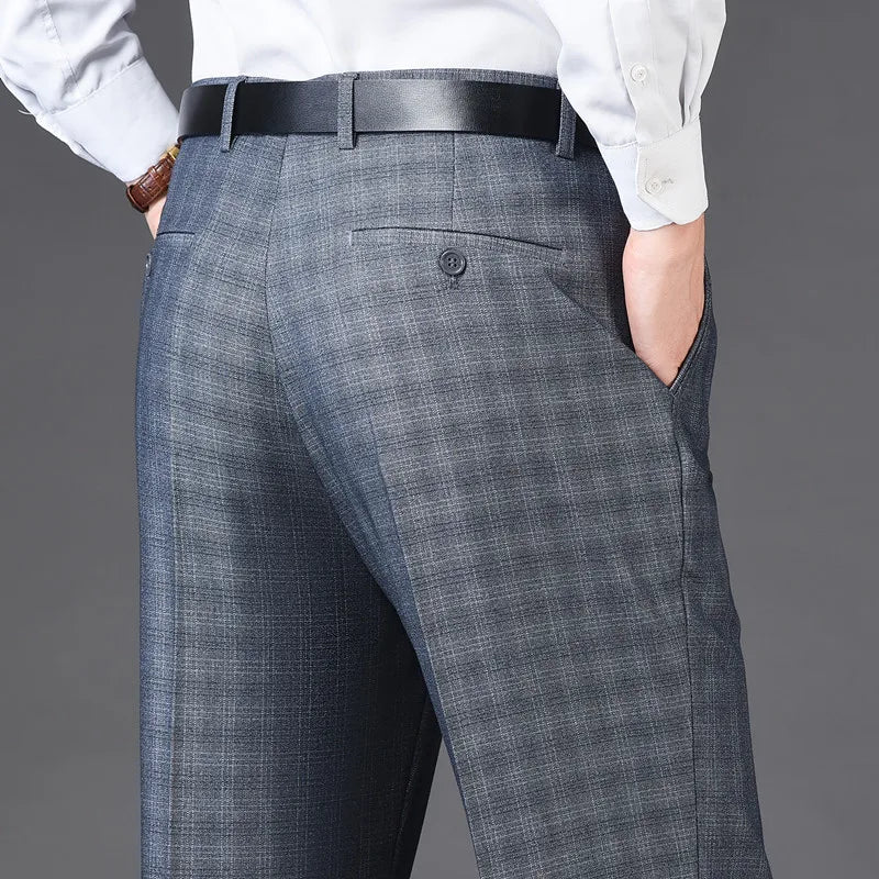 Men's pants with sharp vibes-Men's Rayon High Waist Zipper Fly Closure Plaid Formal Pants