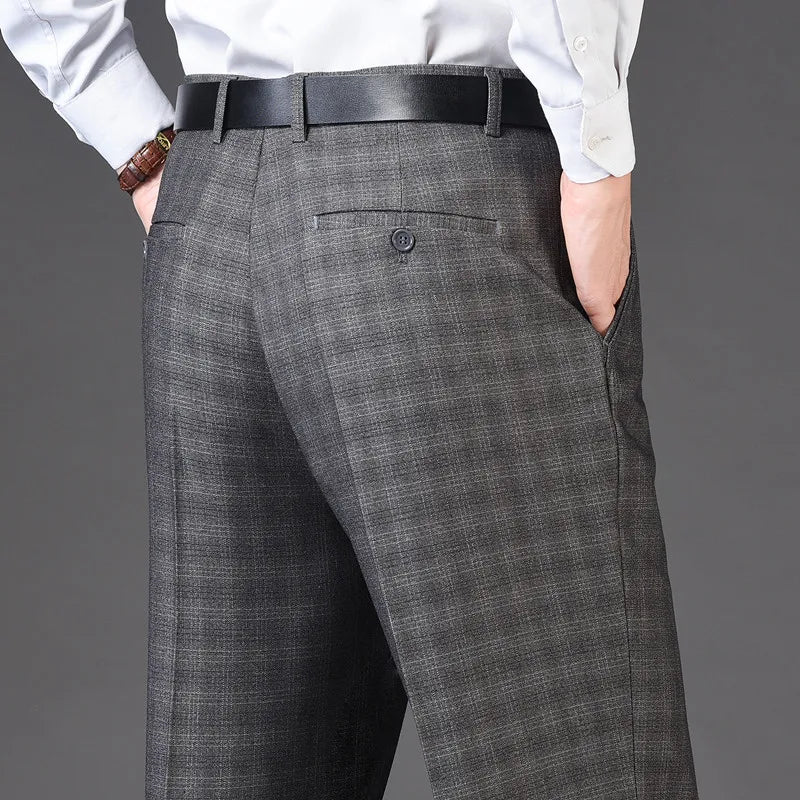 Men's pants with stripe prints-Men's Rayon High Waist Zipper Fly Closure Plaid Formal Pants