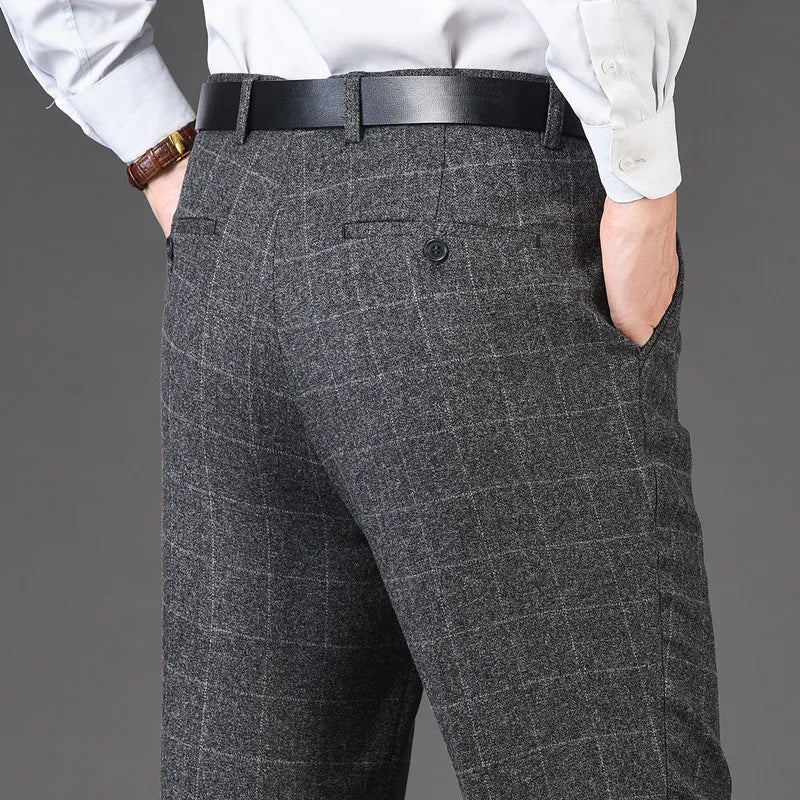 Men's pants with soft hues-Men's Rayon High Waist Zipper Fly Closure Plaid Formal Pants