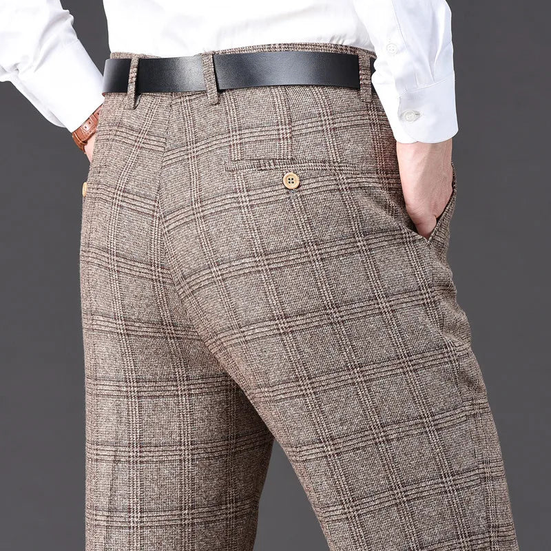 Men's pants with fun details-Men's Rayon High Waist Zipper Fly Closure Plaid Formal Pants