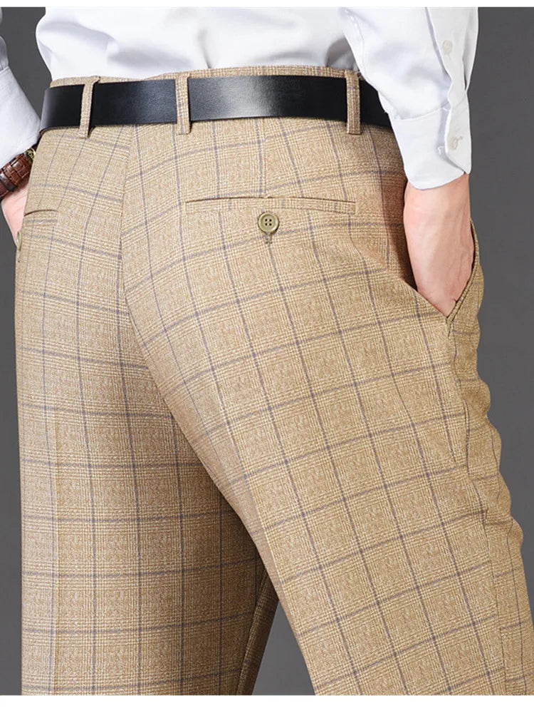 Men's pants with sharp cuffs-Men's Rayon High Waist Zipper Fly Closure Plaid Formal Pants