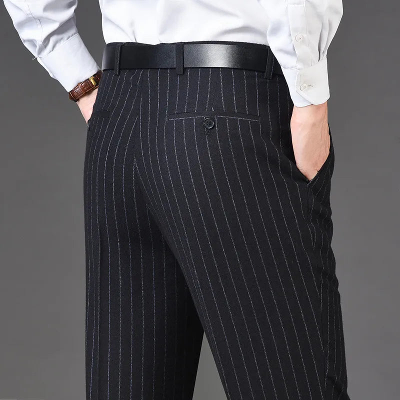 Men's pants for coffee runs-Men's Rayon High Waist Zipper Fly Closure Striped Formal Pants