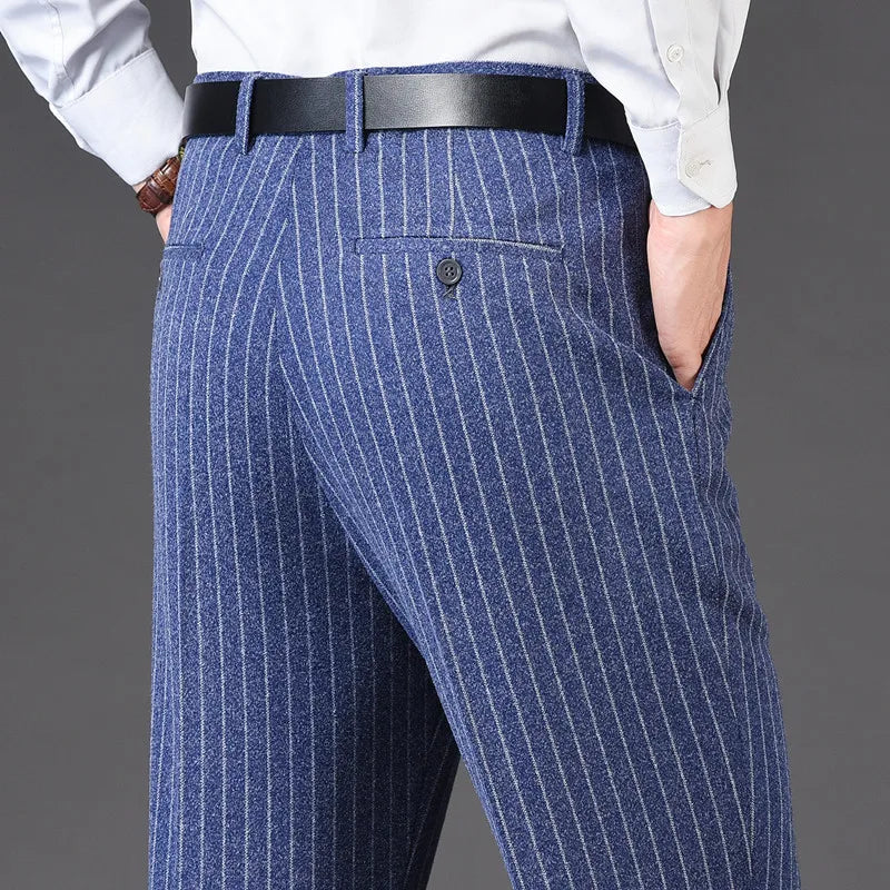 Men's pants with sturdy zipper-Men's Rayon High Waist Zipper Fly Closure Striped Formal Pants