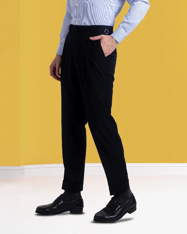 Men's pants with vent pockets-Pleated Black Washable Wool Pant