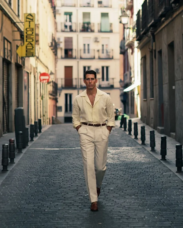 Men's pants with pure cotton-Pleated Linen Vintage Cream Birdseye Pant