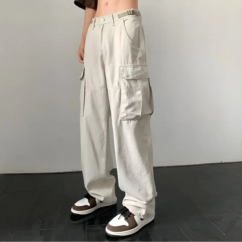 Men's pants with loose vibe-Side Belt Detailed Baggy Cargo Pants