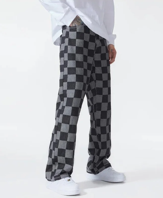 Men's pants with sharp cuffs-Y2K Checkered Black Pants