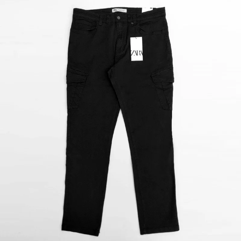 Men's pants snug fit-ZR - Men 'Black' Stretchable Slim-Fit Cargo Cotton Trouser ZR792