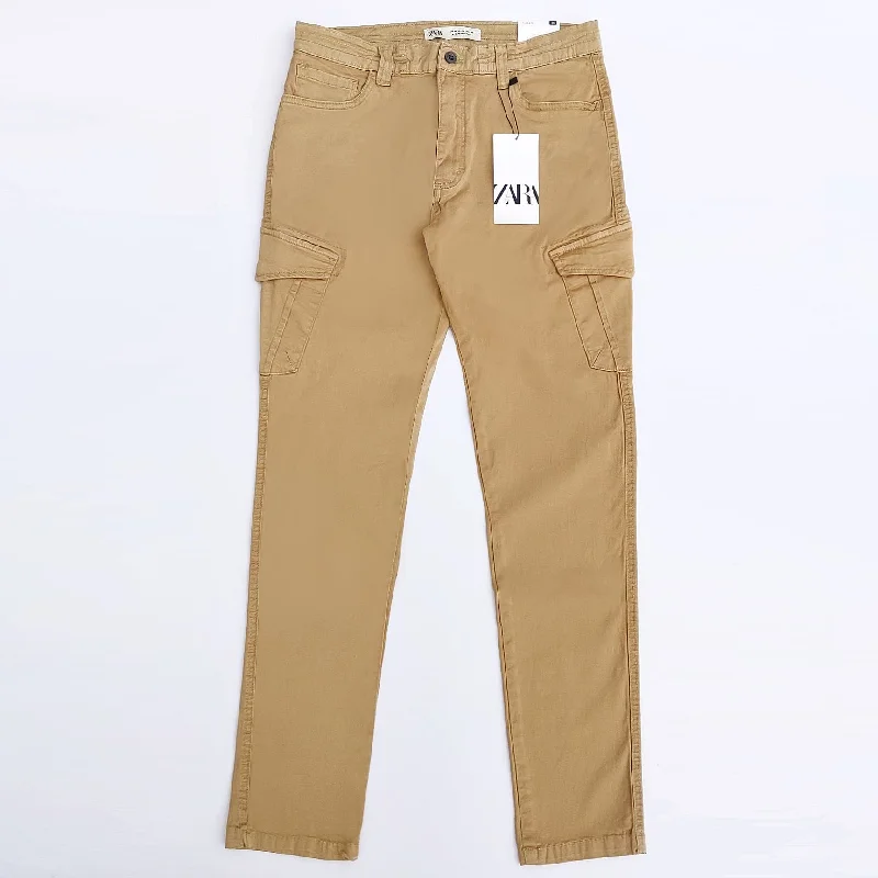 Men's pants with tiny emblem-ZR - Men 'Khaki' Stretchable Slim-Fit Cargo Cotton Trouser ZR789