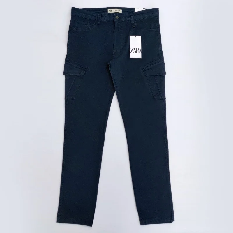 Men's pants with sturdy zipper-ZR - Men 'Navy' Stretchable Slim-Fit Cargo Cotton Trouser ZR791